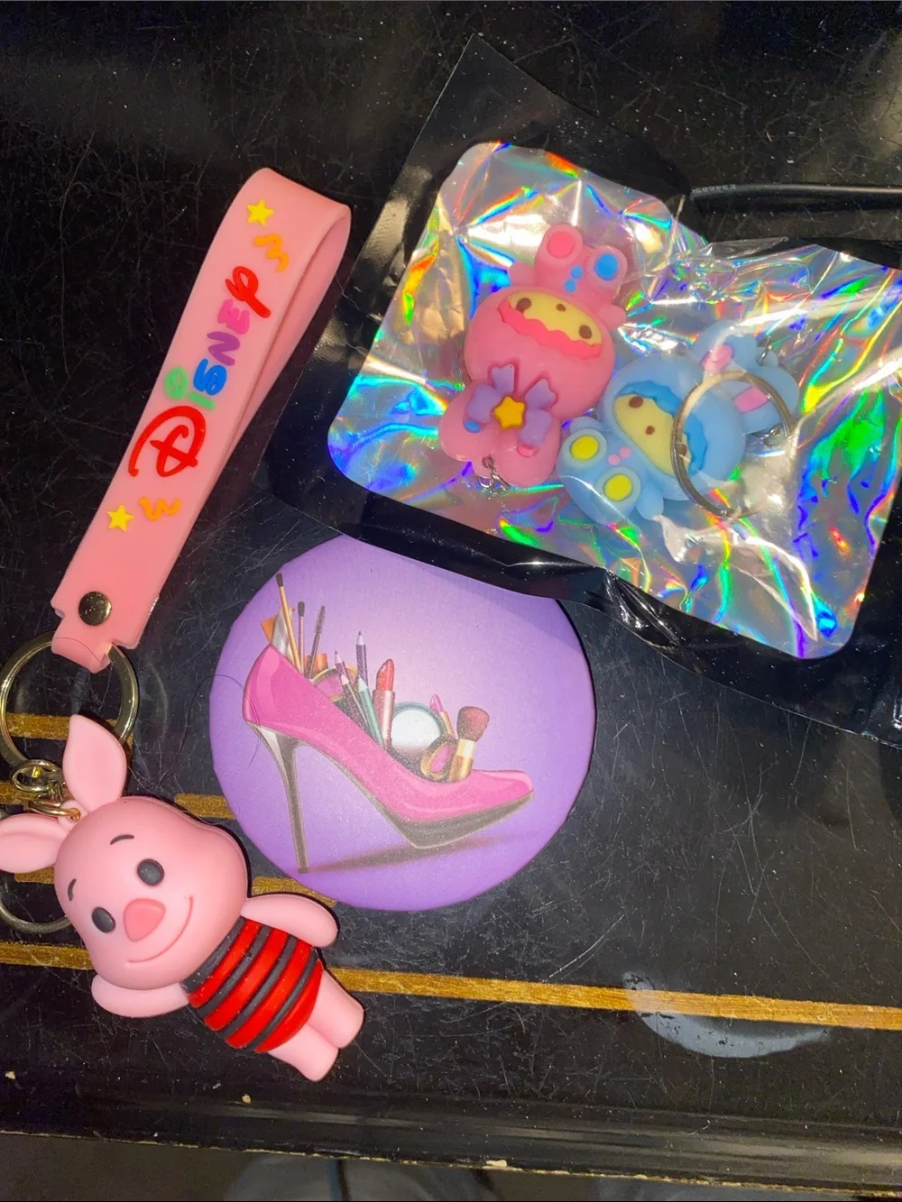 Cute Pink Piglet Keychain Set with purse double mirror